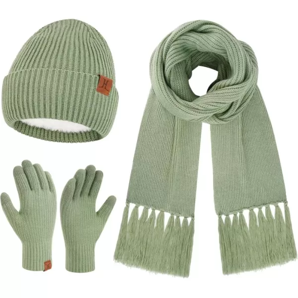 Womens Winter Hats Long Scarf Touch Screen Gloves Set Knit Warm Beanie Hat Scarves Gloves for Women Cold Weather Fleece GiftsGreen
