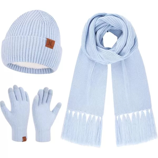 Womens Winter Hats Long Scarf Touch Screen Gloves Set Knit Warm Beanie Hat Scarves Gloves for Women Cold Weather Fleece GiftsLight Blue