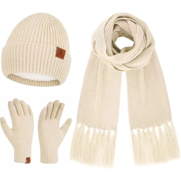 Womens Winter Hats Long Scarf Touch Screen Gloves Set Knit Warm Beanie Hat Scarves Gloves for Women Cold Weather Fleece GiftsOatmeal
