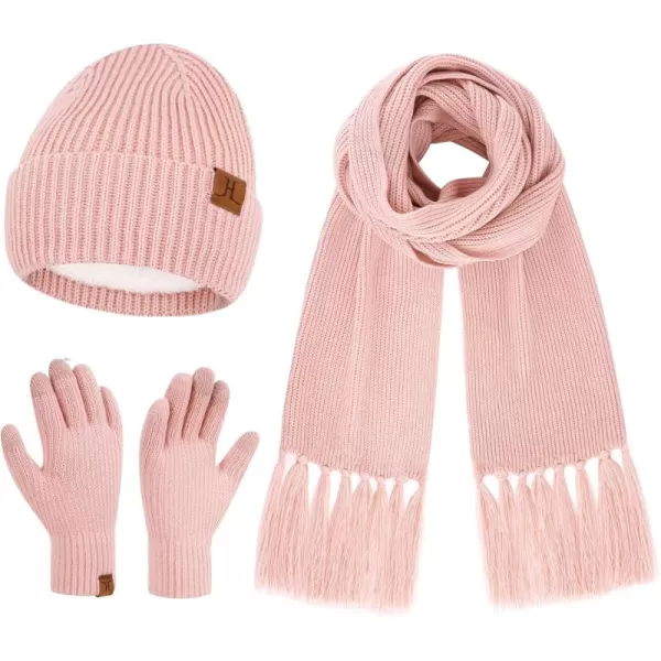 Womens Winter Hats Long Scarf Touch Screen Gloves Set Knit Warm Beanie Hat Scarves Gloves for Women Cold Weather Fleece GiftsPink