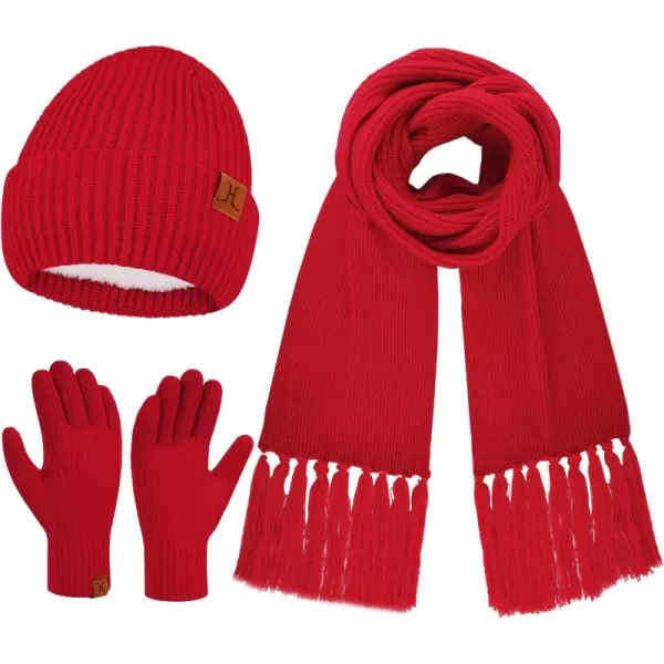 Womens Winter Hats Long Scarf Touch Screen Gloves Set Knit Warm Beanie Hat Scarves Gloves for Women Cold Weather Fleece GiftsRed