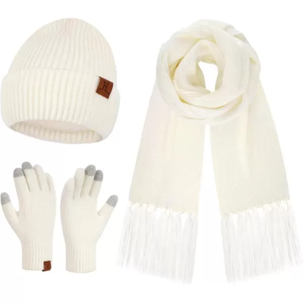 Womens Winter Hats Long Scarf Touch Screen Gloves Set Knit Warm Beanie Hat Scarves Gloves for Women Cold Weather Fleece GiftsWhite