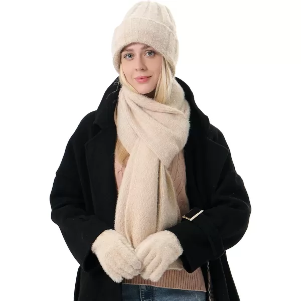 FZ FANTASTIC ZONE Womens Winter Warm Knit Beanie Hats and Touchscreen Gloves Long Scarf Sets with Sequins Thick Fleece LinedBeige