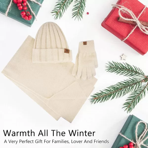 FZ FANTASTIC ZONE Womens Winter Warm Knit Beanie Hats and Touchscreen Gloves Long Scarf Sets with Sequins Thick Fleece LinedBeige