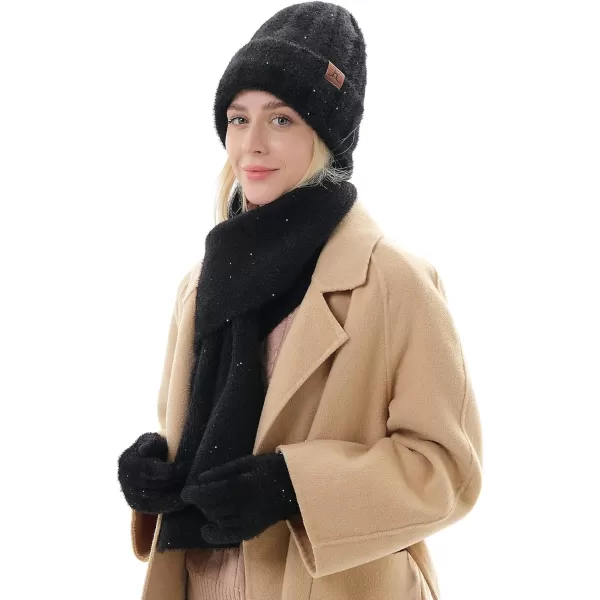 FZ FANTASTIC ZONE Womens Winter Warm Knit Beanie Hats and Touchscreen Gloves Long Scarf Sets with Sequins Thick Fleece LinedBlack
