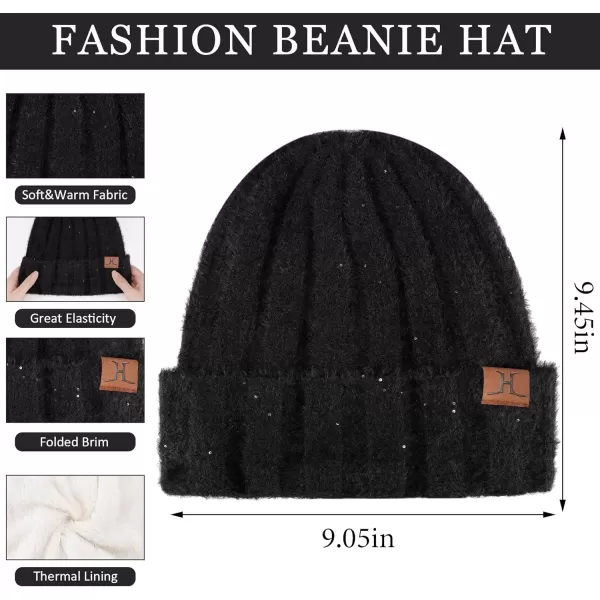 FZ FANTASTIC ZONE Womens Winter Warm Knit Beanie Hats and Touchscreen Gloves Long Scarf Sets with Sequins Thick Fleece LinedBlack