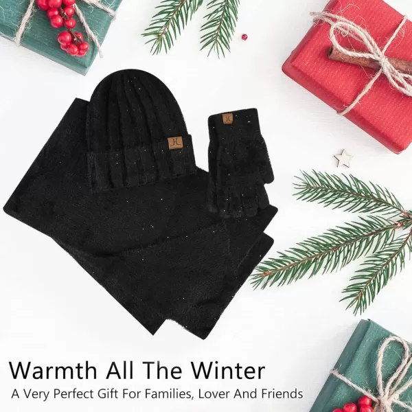 FZ FANTASTIC ZONE Womens Winter Warm Knit Beanie Hats and Touchscreen Gloves Long Scarf Sets with Sequins Thick Fleece LinedBlack