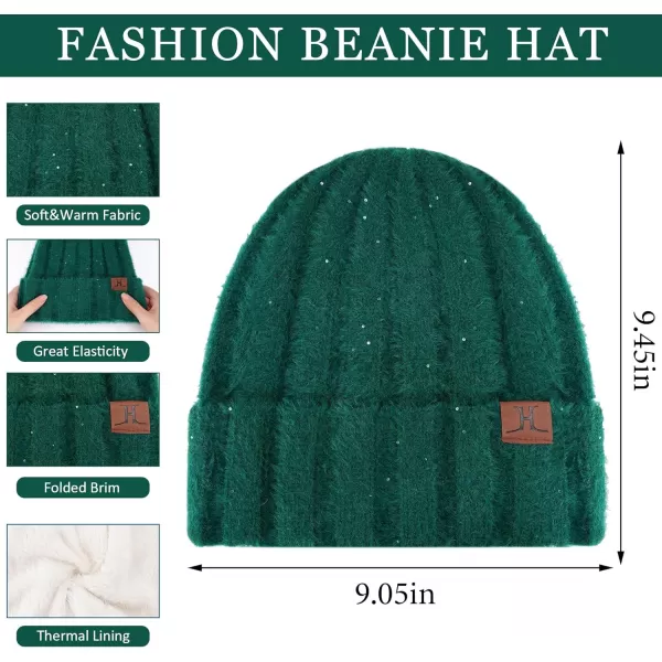 FZ FANTASTIC ZONE Womens Winter Warm Knit Beanie Hats and Touchscreen Gloves Long Scarf Sets with Sequins Thick Fleece LinedDark Green