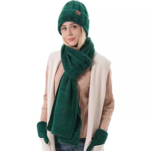 FZ FANTASTIC ZONE Womens Winter Warm Knit Beanie Hats and Touchscreen Gloves Long Scarf Sets with Sequins Thick Fleece LinedDark Green