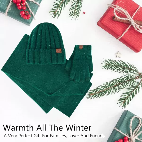 FZ FANTASTIC ZONE Womens Winter Warm Knit Beanie Hats and Touchscreen Gloves Long Scarf Sets with Sequins Thick Fleece LinedDark Green