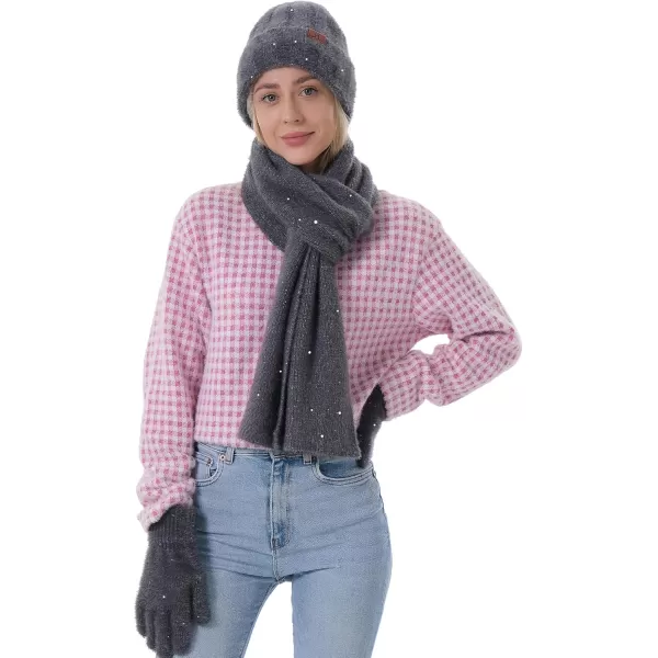 FZ FANTASTIC ZONE Womens Winter Warm Knit Beanie Hats and Touchscreen Gloves Long Scarf Sets with Sequins Thick Fleece LinedDark Grey