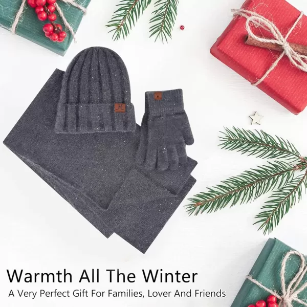 FZ FANTASTIC ZONE Womens Winter Warm Knit Beanie Hats and Touchscreen Gloves Long Scarf Sets with Sequins Thick Fleece LinedDark Grey