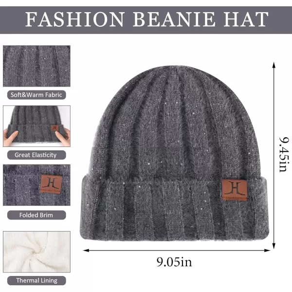 FZ FANTASTIC ZONE Womens Winter Warm Knit Beanie Hats and Touchscreen Gloves Long Scarf Sets with Sequins Thick Fleece LinedDark Grey