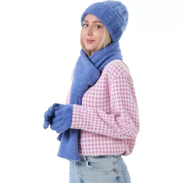 FZ FANTASTIC ZONE Womens Winter Warm Knit Beanie Hats and Touchscreen Gloves Long Scarf Sets with Sequins Thick Fleece LinedDenim Blue