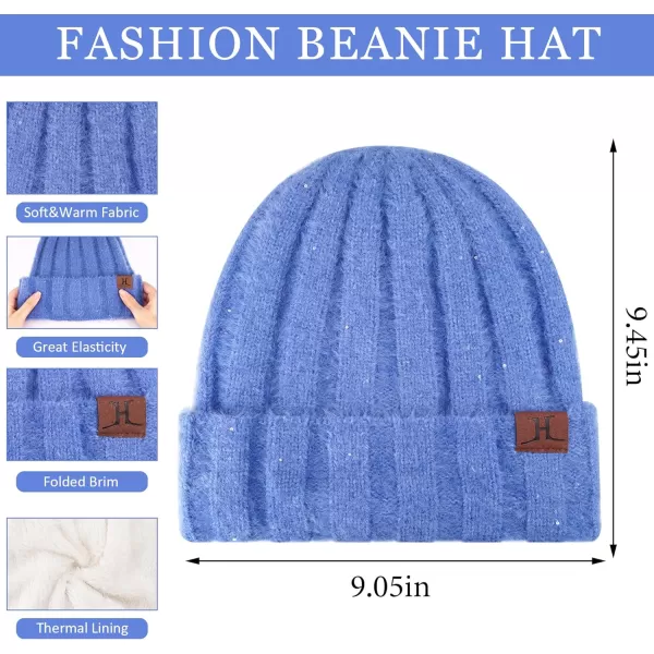 FZ FANTASTIC ZONE Womens Winter Warm Knit Beanie Hats and Touchscreen Gloves Long Scarf Sets with Sequins Thick Fleece LinedDenim Blue