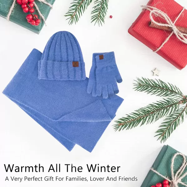 FZ FANTASTIC ZONE Womens Winter Warm Knit Beanie Hats and Touchscreen Gloves Long Scarf Sets with Sequins Thick Fleece LinedDenim Blue