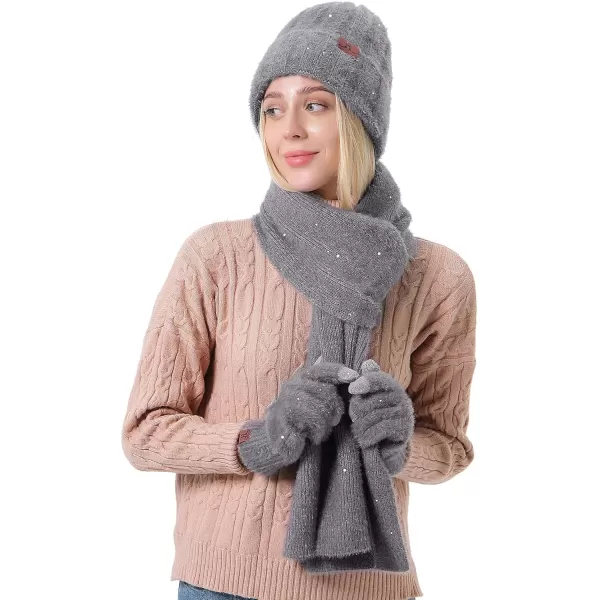 FZ FANTASTIC ZONE Womens Winter Warm Knit Beanie Hats and Touchscreen Gloves Long Scarf Sets with Sequins Thick Fleece LinedGrey