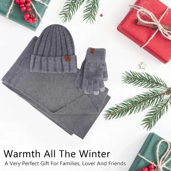FZ FANTASTIC ZONE Womens Winter Warm Knit Beanie Hats and Touchscreen Gloves Long Scarf Sets with Sequins Thick Fleece LinedGrey