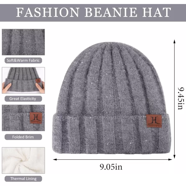 FZ FANTASTIC ZONE Womens Winter Warm Knit Beanie Hats and Touchscreen Gloves Long Scarf Sets with Sequins Thick Fleece LinedGrey