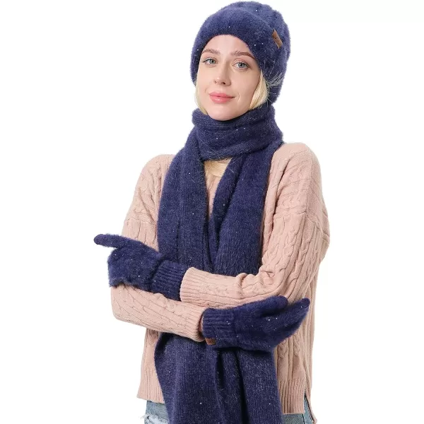 FZ FANTASTIC ZONE Womens Winter Warm Knit Beanie Hats and Touchscreen Gloves Long Scarf Sets with Sequins Thick Fleece LinedNavy Blue