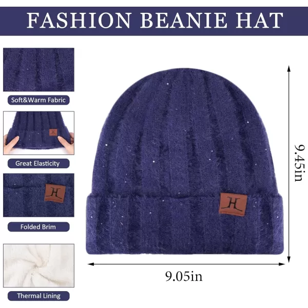 FZ FANTASTIC ZONE Womens Winter Warm Knit Beanie Hats and Touchscreen Gloves Long Scarf Sets with Sequins Thick Fleece LinedNavy Blue