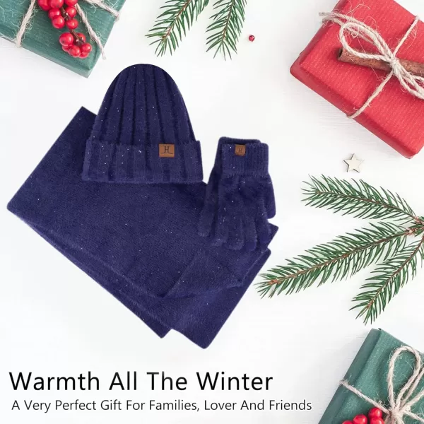 FZ FANTASTIC ZONE Womens Winter Warm Knit Beanie Hats and Touchscreen Gloves Long Scarf Sets with Sequins Thick Fleece LinedNavy Blue