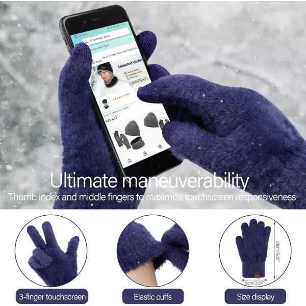 FZ FANTASTIC ZONE Womens Winter Warm Knit Beanie Hats and Touchscreen Gloves Long Scarf Sets with Sequins Thick Fleece LinedNavy Blue