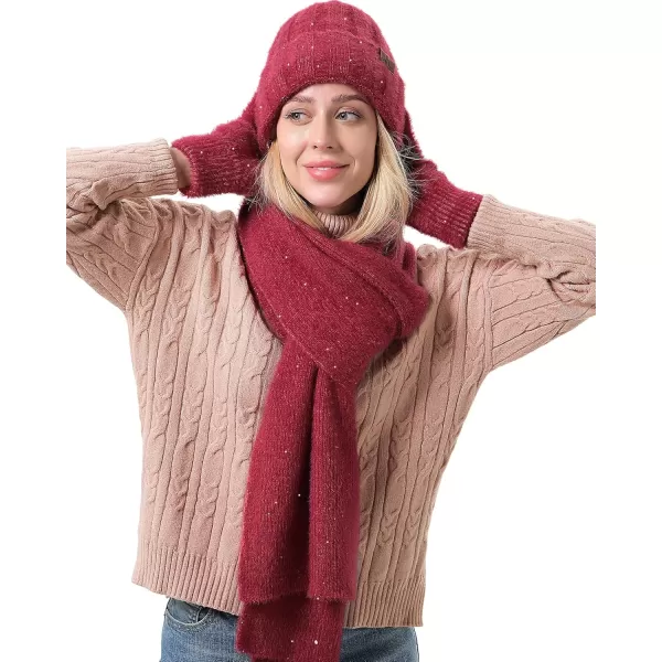 FZ FANTASTIC ZONE Womens Winter Warm Knit Beanie Hats and Touchscreen Gloves Long Scarf Sets with Sequins Thick Fleece LinedRed