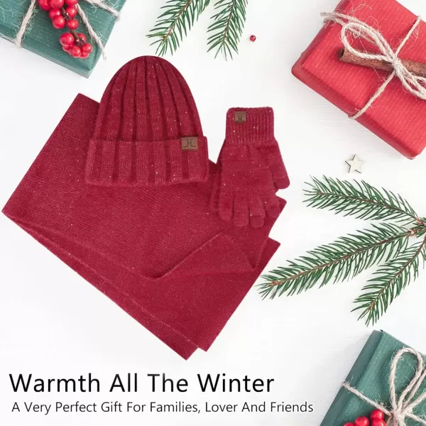 FZ FANTASTIC ZONE Womens Winter Warm Knit Beanie Hats and Touchscreen Gloves Long Scarf Sets with Sequins Thick Fleece LinedRed