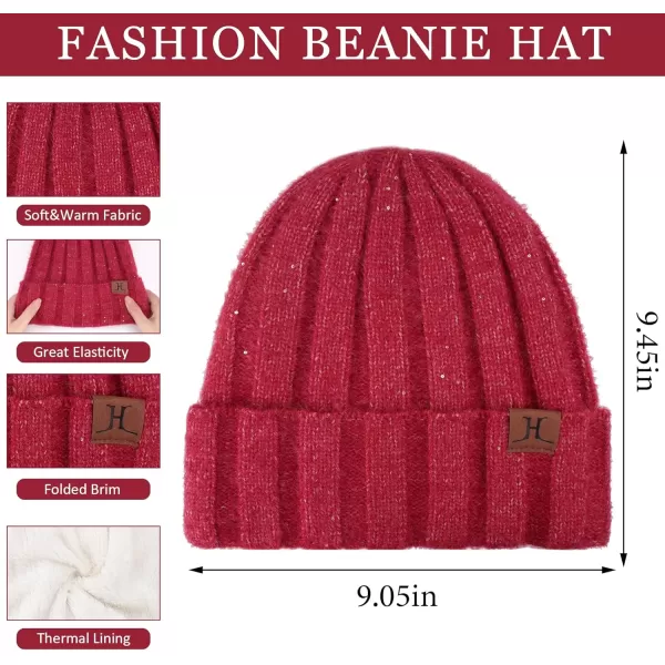 FZ FANTASTIC ZONE Womens Winter Warm Knit Beanie Hats and Touchscreen Gloves Long Scarf Sets with Sequins Thick Fleece LinedRed