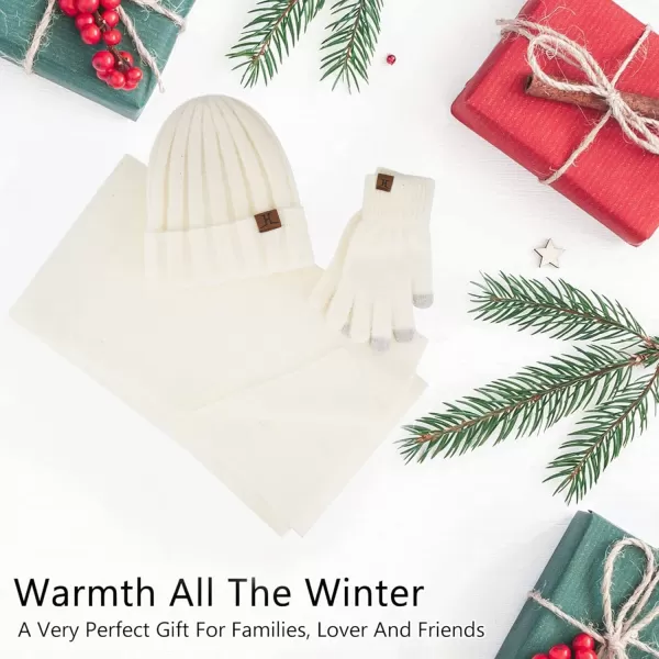 FZ FANTASTIC ZONE Womens Winter Warm Knit Beanie Hats and Touchscreen Gloves Long Scarf Sets with Sequins Thick Fleece LinedWhite