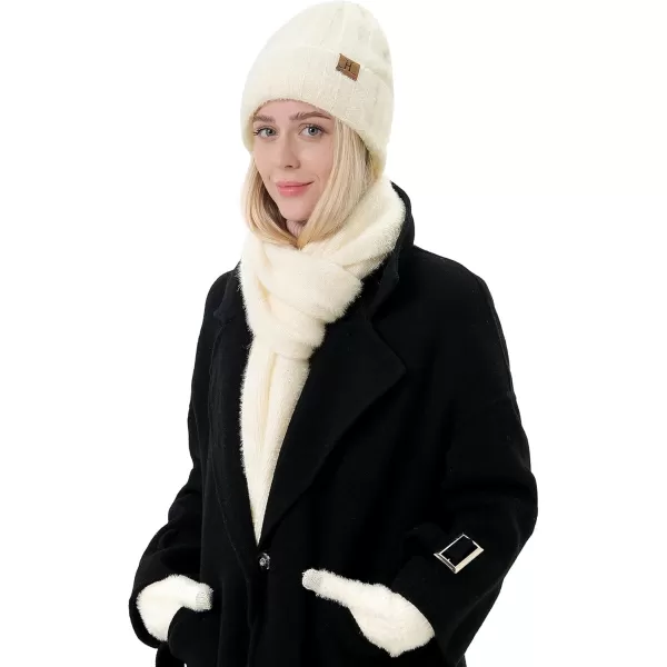FZ FANTASTIC ZONE Womens Winter Warm Knit Beanie Hats and Touchscreen Gloves Long Scarf Sets with Sequins Thick Fleece LinedWhite