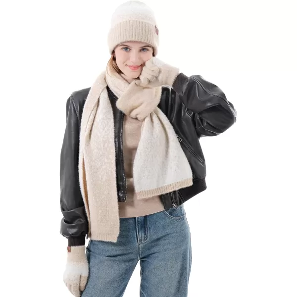Womens Winter Knit Beanie Hats and Touchscreen Gloves Long Scarf Set with Warm Fleece Lined Skull Caps Scarves for WomenApricot White