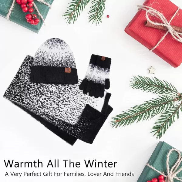 Womens Winter Knit Beanie Hats and Touchscreen Gloves Long Scarf Set with Warm Fleece Lined Skull Caps Scarves for WomenBlack White