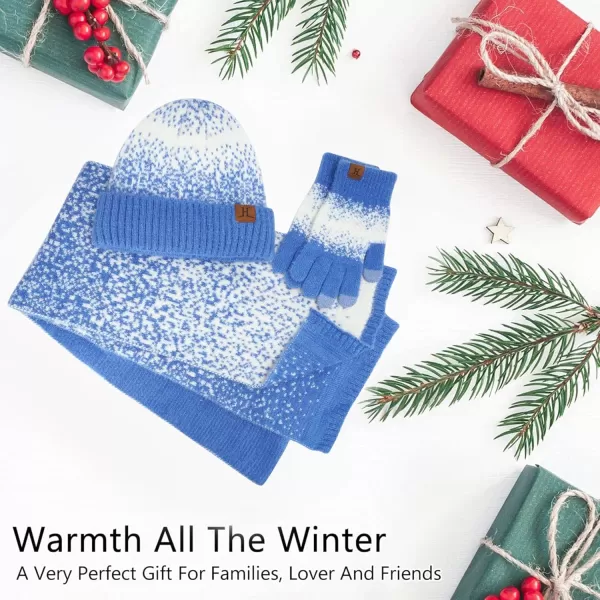 Womens Winter Knit Beanie Hats and Touchscreen Gloves Long Scarf Set with Warm Fleece Lined Skull Caps Scarves for WomenDenim Blue White