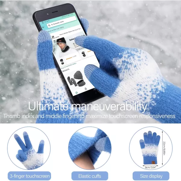 Womens Winter Knit Beanie Hats and Touchscreen Gloves Long Scarf Set with Warm Fleece Lined Skull Caps Scarves for WomenDenim Blue White