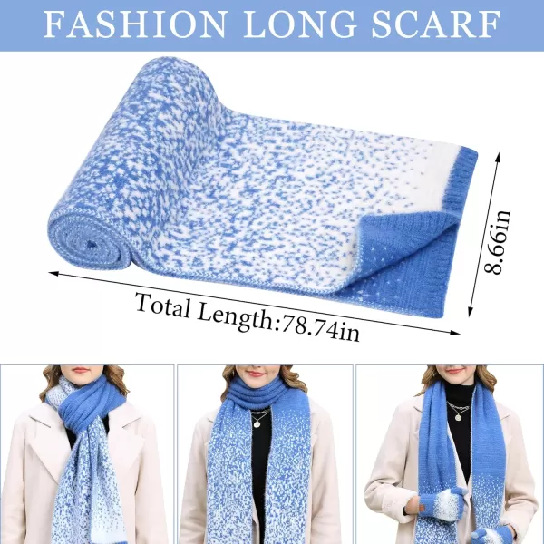 Womens Winter Knit Beanie Hats and Touchscreen Gloves Long Scarf Set with Warm Fleece Lined Skull Caps Scarves for WomenDenim Blue White