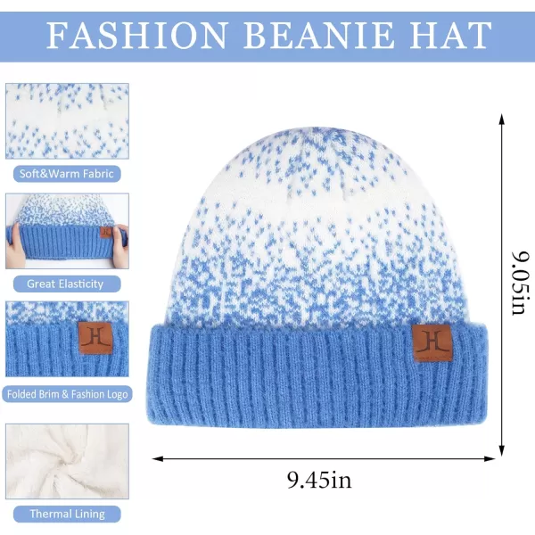 Womens Winter Knit Beanie Hats and Touchscreen Gloves Long Scarf Set with Warm Fleece Lined Skull Caps Scarves for WomenDenim Blue White