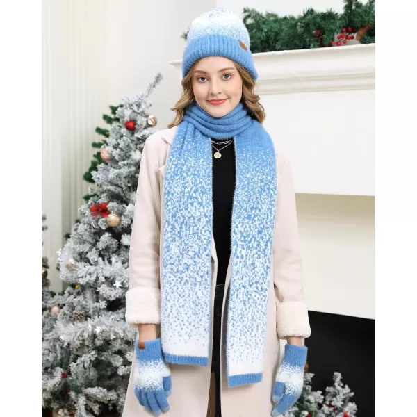 Womens Winter Knit Beanie Hats and Touchscreen Gloves Long Scarf Set with Warm Fleece Lined Skull Caps Scarves for WomenDenim Blue White