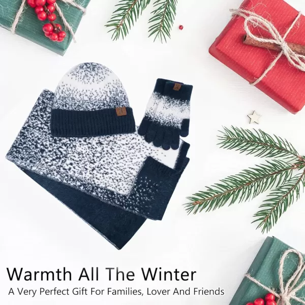 Womens Winter Knit Beanie Hats and Touchscreen Gloves Long Scarf Set with Warm Fleece Lined Skull Caps Scarves for WomenNavy Blue White