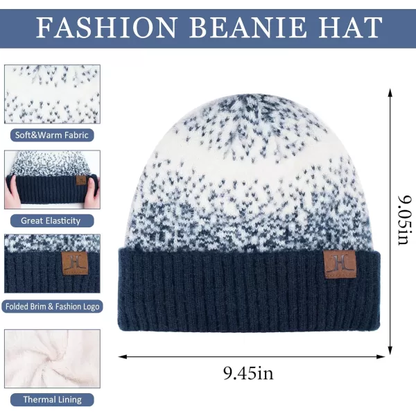 Womens Winter Knit Beanie Hats and Touchscreen Gloves Long Scarf Set with Warm Fleece Lined Skull Caps Scarves for WomenNavy Blue White