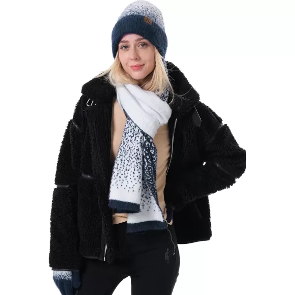 Womens Winter Knit Beanie Hats and Touchscreen Gloves Long Scarf Set with Warm Fleece Lined Skull Caps Scarves for WomenNavy Blue White