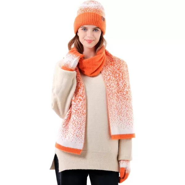 Womens Winter Knit Beanie Hats and Touchscreen Gloves Long Scarf Set with Warm Fleece Lined Skull Caps Scarves for WomenOrange White
