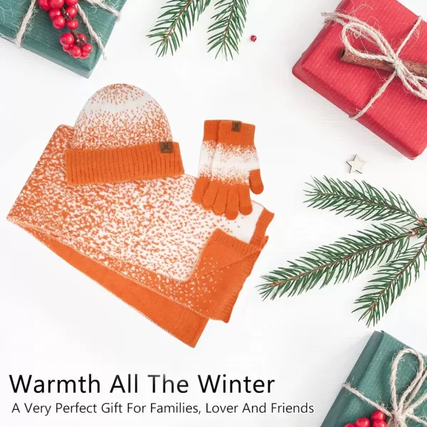 Womens Winter Knit Beanie Hats and Touchscreen Gloves Long Scarf Set with Warm Fleece Lined Skull Caps Scarves for WomenOrange White