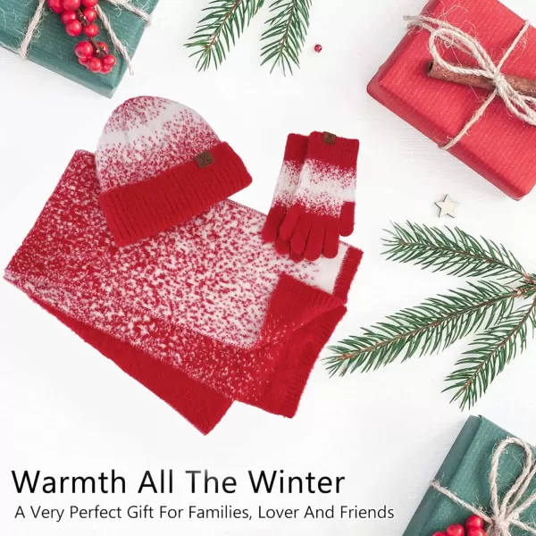 Womens Winter Knit Beanie Hats and Touchscreen Gloves Long Scarf Set with Warm Fleece Lined Skull Caps Scarves for WomenRed White