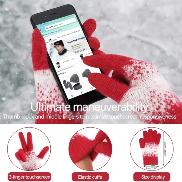 Womens Winter Knit Beanie Hats and Touchscreen Gloves Long Scarf Set with Warm Fleece Lined Skull Caps Scarves for WomenRed White