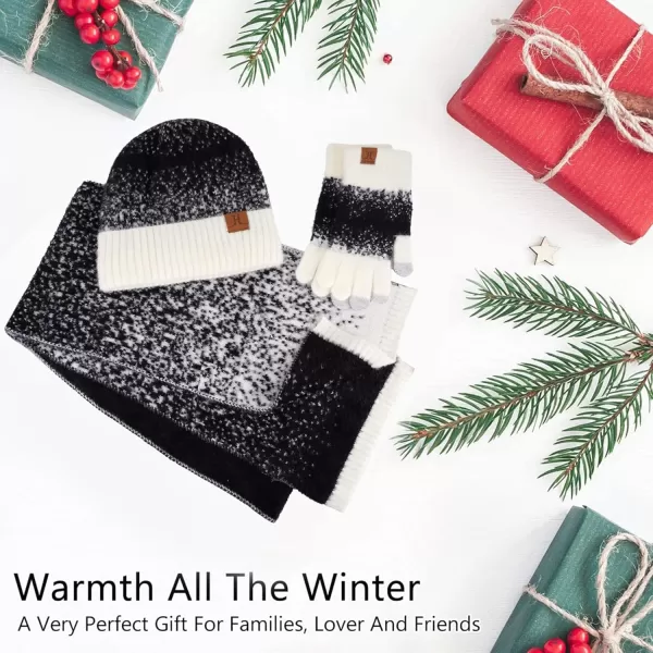 Womens Winter Knit Beanie Hats and Touchscreen Gloves Long Scarf Set with Warm Fleece Lined Skull Caps Scarves for WomenWhite Black