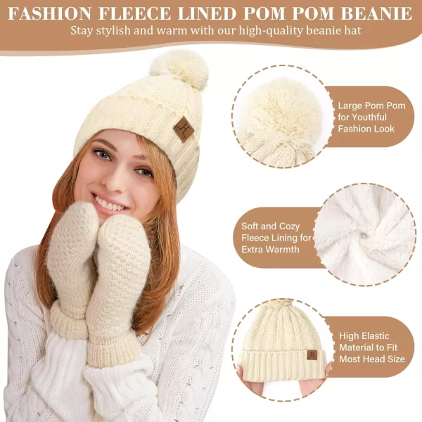 Womens Winter Warm Beanie Hat Touchscreen Gloves Long Scarf Set Ribbed Cable Knit with Fleece Lined Skull Pom CapsApricot