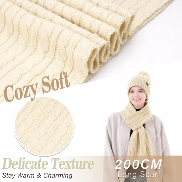 Womens Winter Warm Beanie Hat Touchscreen Gloves Long Scarf Set Ribbed Cable Knit with Fleece Lined Skull Pom CapsApricot