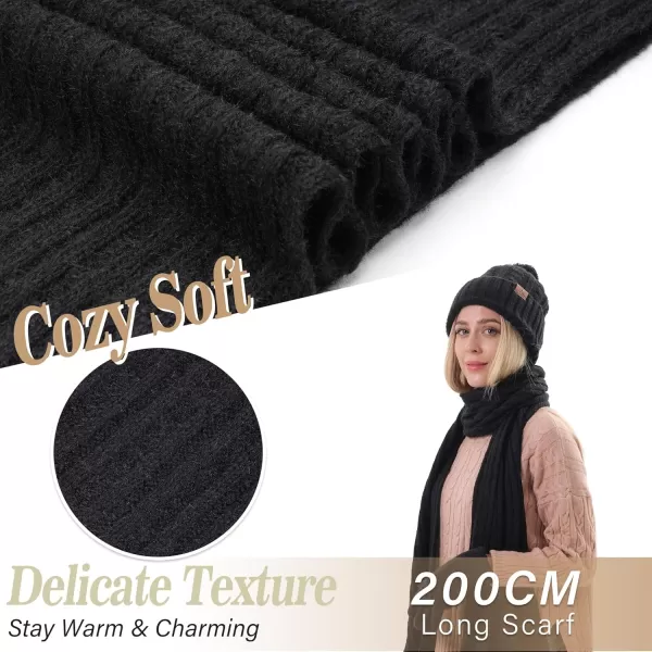 Womens Winter Warm Beanie Hat Touchscreen Gloves Long Scarf Set Ribbed Cable Knit with Fleece Lined Skull Pom CapsBlack